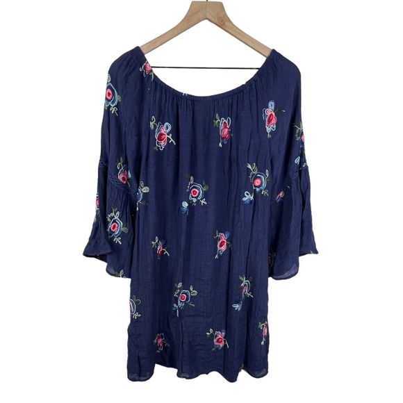 Fig & Flower Anthropologie‎ Blue Floral Embroidered Off Shoulder Dress Large - Picture 1 of 5